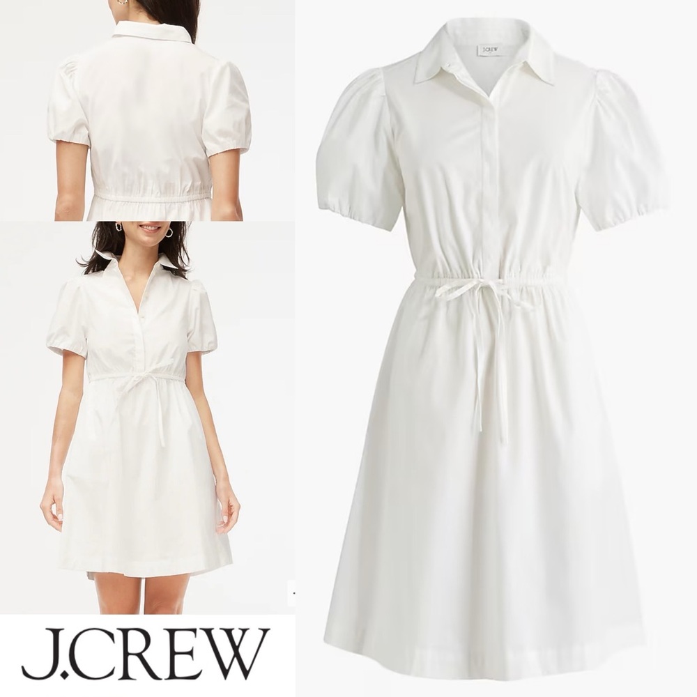 NWT J. Crew Petite collared short-sleeve tie-waist mini dress Sz 8 Petite White
